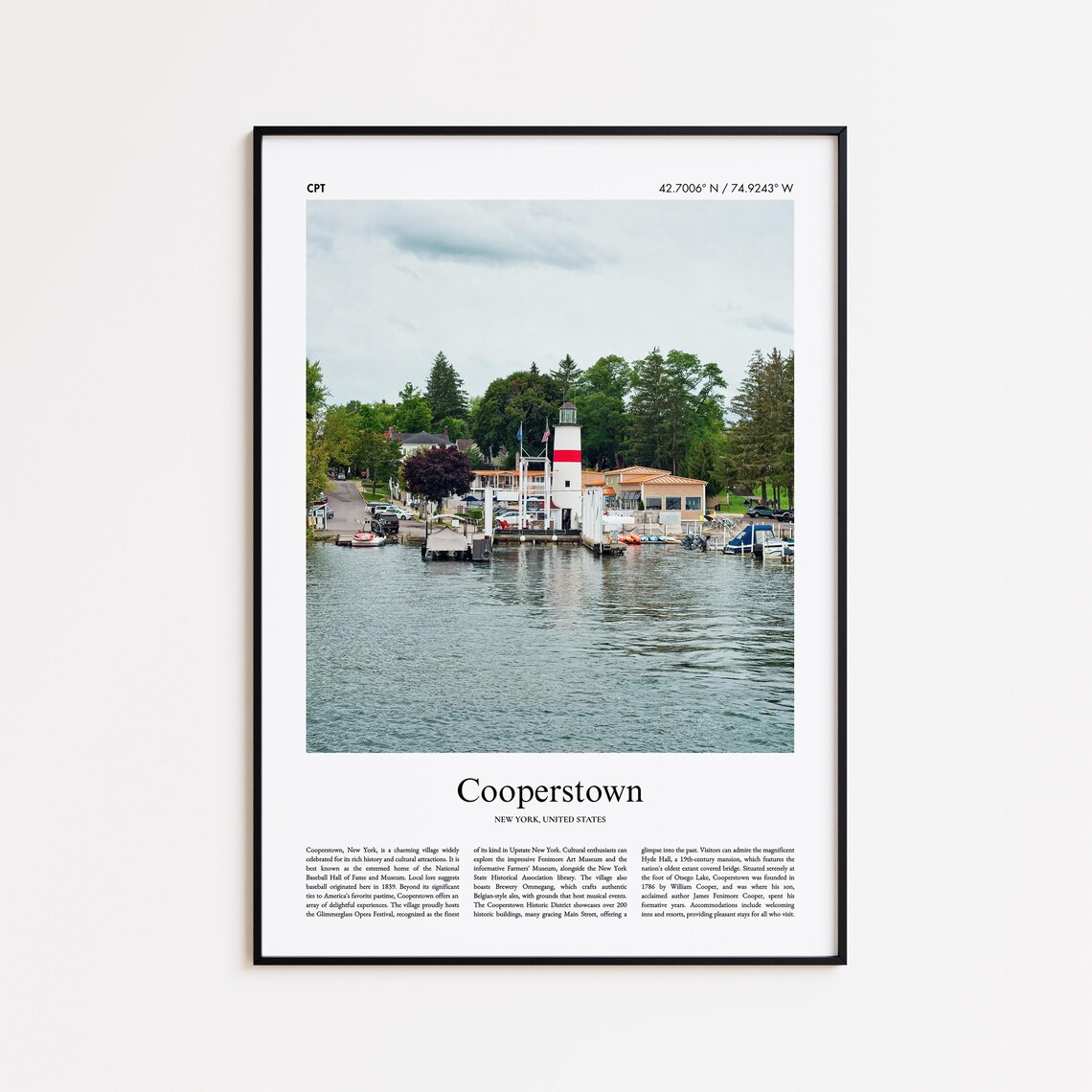 Cooperstown New York Lighthouse Lake Marina Minimalist Travel Poster