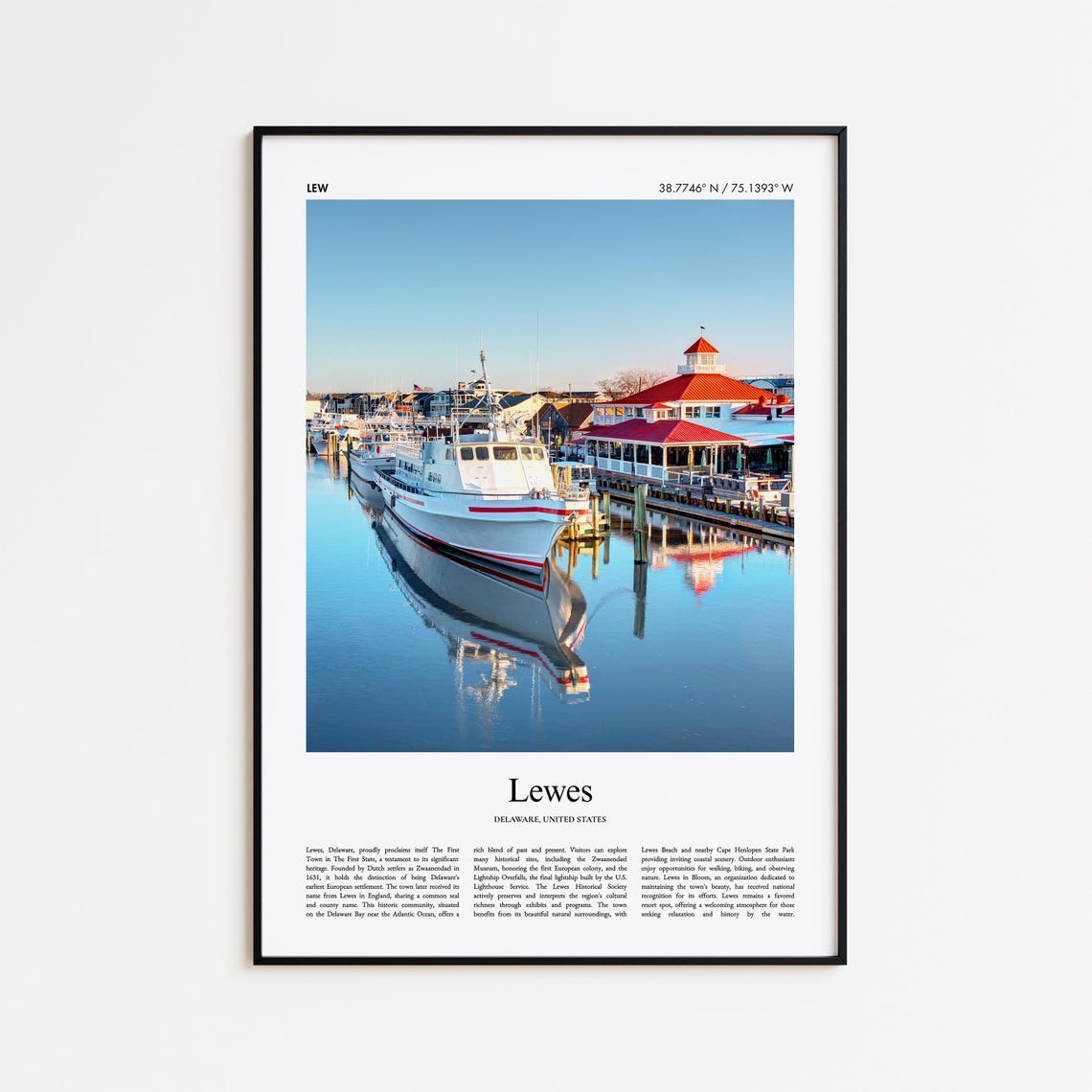 Lewes Delaware Color Photo Marina Travel Poster with Coordinates