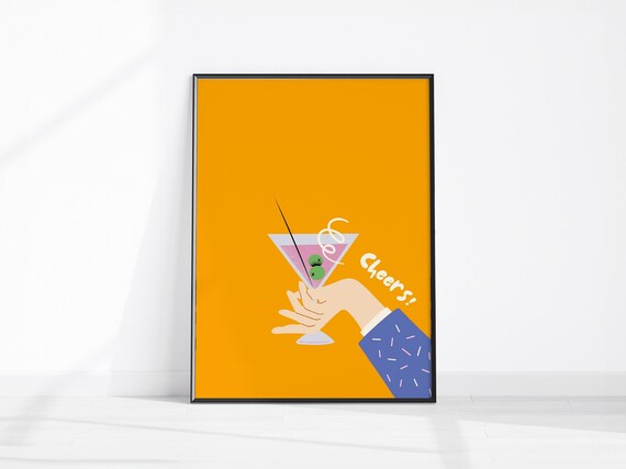 Orange Cheers Cocktail Martini Glass Bar Cart Retro Art Poster