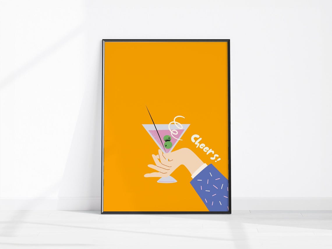 Orange Cheers Cocktail Martini Glass Bar Cart Retro Art Poster