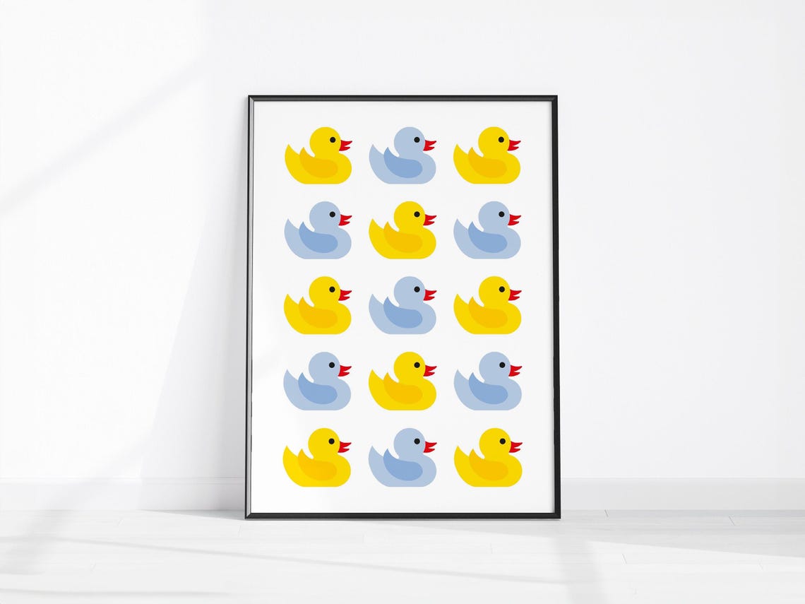 Cute Rubber Duck Grid Pattern Yellow Blue Funny Kids Room Poster