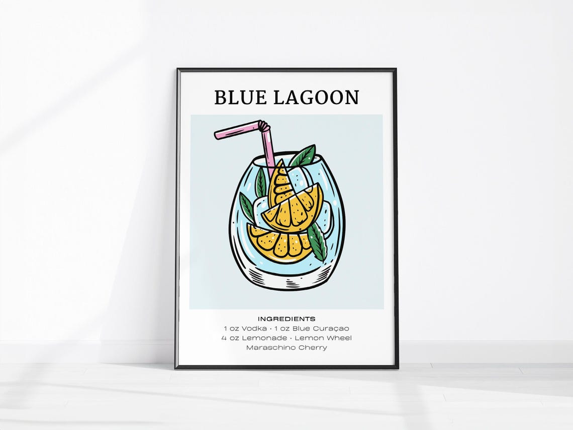Blue Lagoon Cocktail Recipe Ingredients Bar Cart Decor Poster