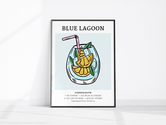 Blue Lagoon Cocktail Recipe Ingredients Bar Cart Decor Poster