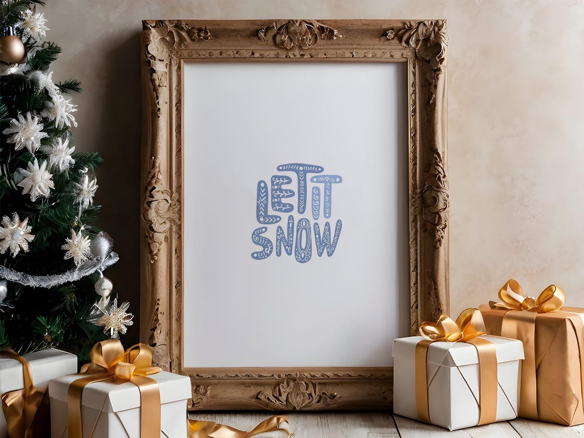 Let It Snow Christmas Typography Blue Winter Holiday Decor Print