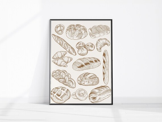 Hand Drawn Bread Bakery Illustration Baguette Croissant Kitchen Poster