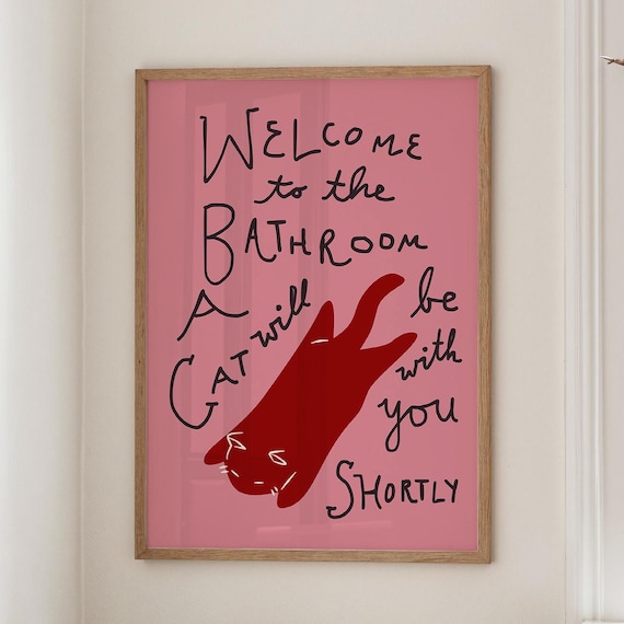 Funny Cat Bathroom Print Pink Decor Quirky Wall Art Digital Download