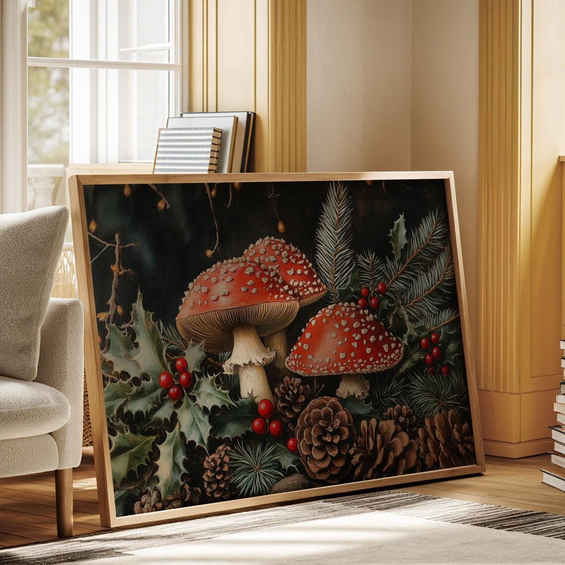Red Amanita Mushrooms With Holly Pinecones Woodland Holiday Poster