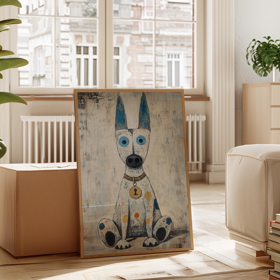 Whimsical Spotted Dog Painting Blue Eyes Modern Pet Art Poster