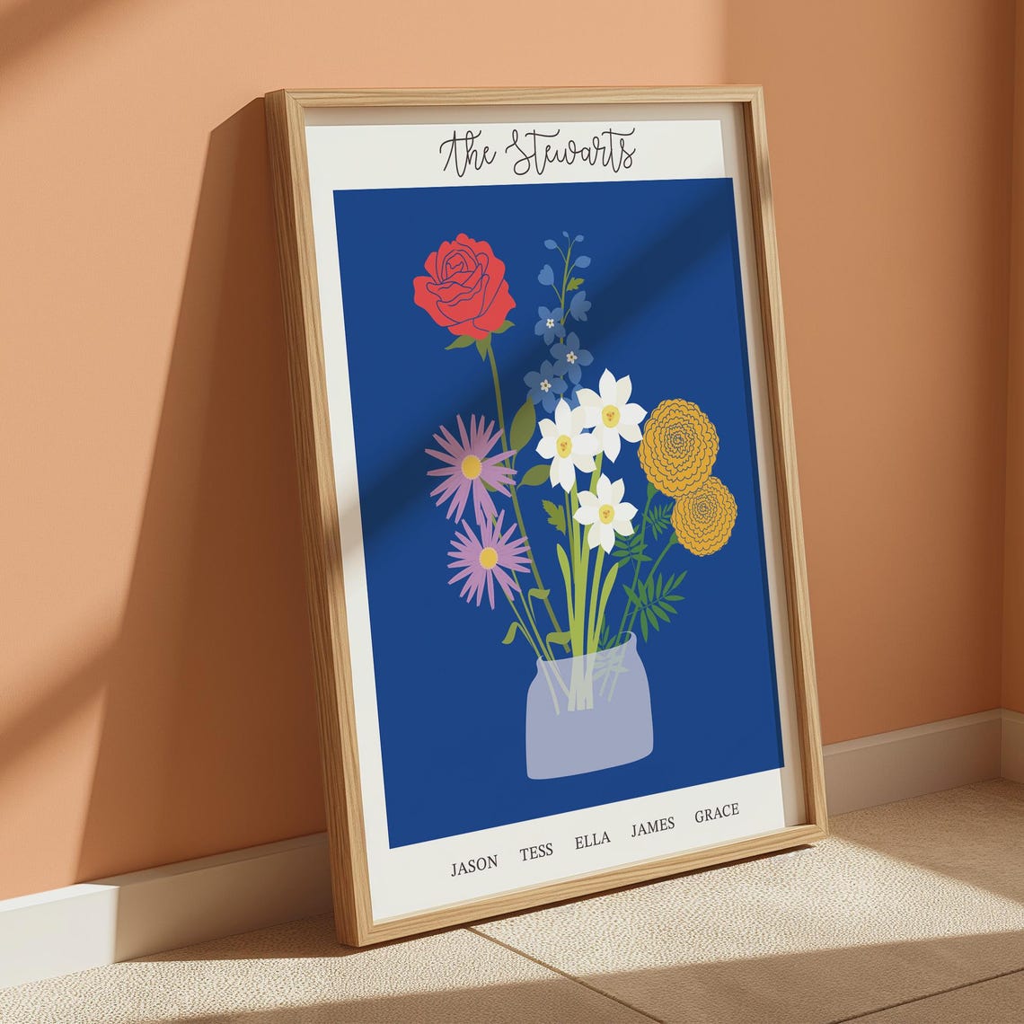 Personalized Birth Flower Bouquet in Vase Script Family Art Print