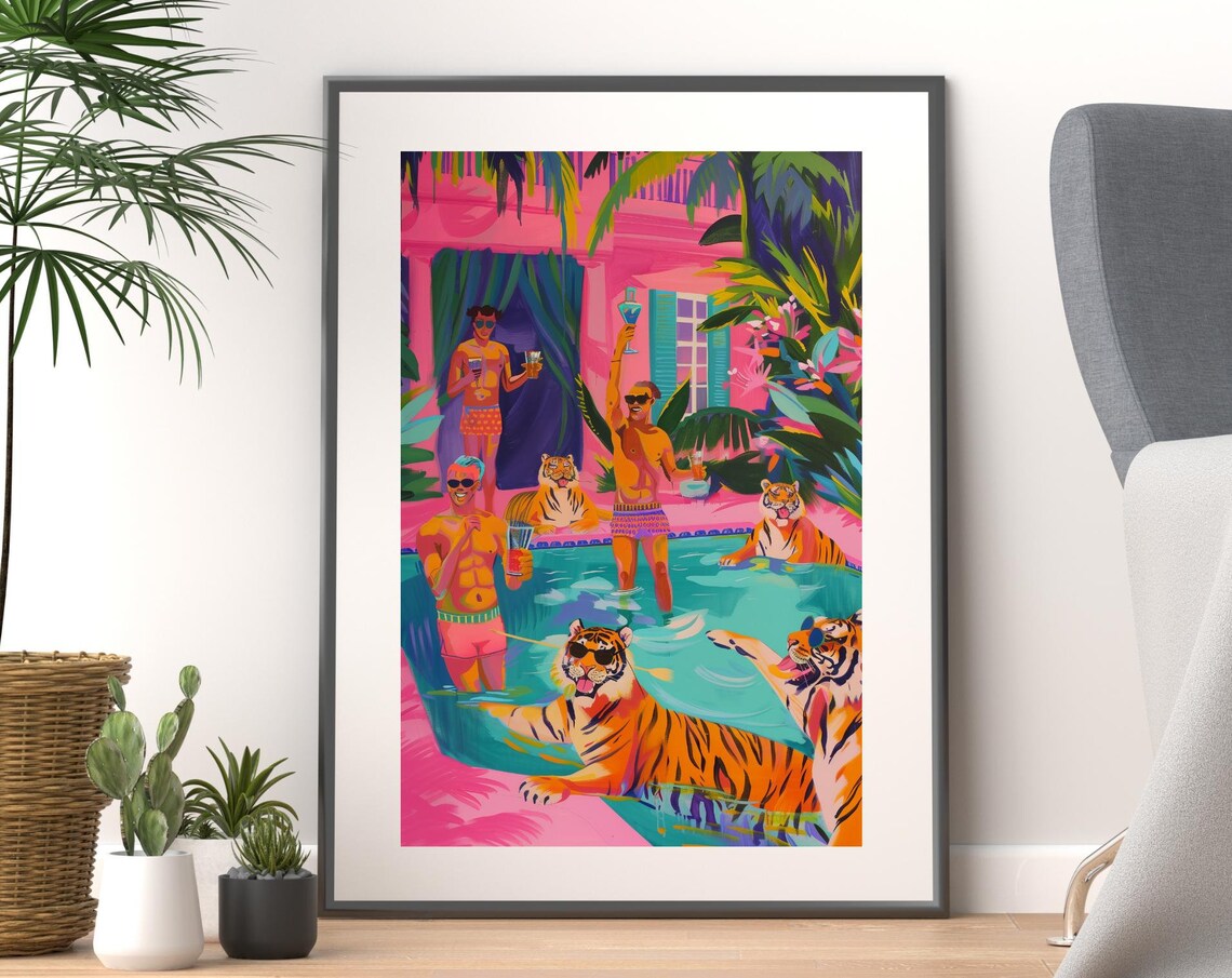Tigers and Swimmers Splashing at a Pink Tropical Pool Party Poster - Image 2