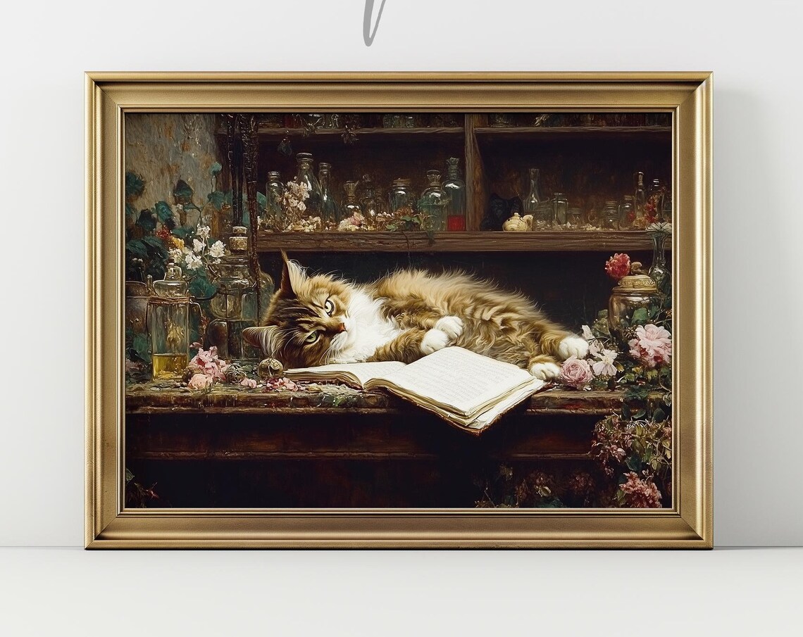 Witchy Cat On Apothecary Desk Halloween Painting Spooky Vintage Poster Art