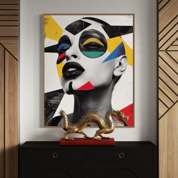 Modern Abstract Portrait Art Print Geometric Face Wall Decor Bold Pop Art Print In Black White And Color