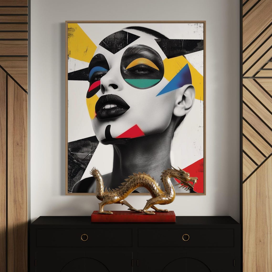 Geometric Abstract Woman Face Black White and Bold Colors Poster