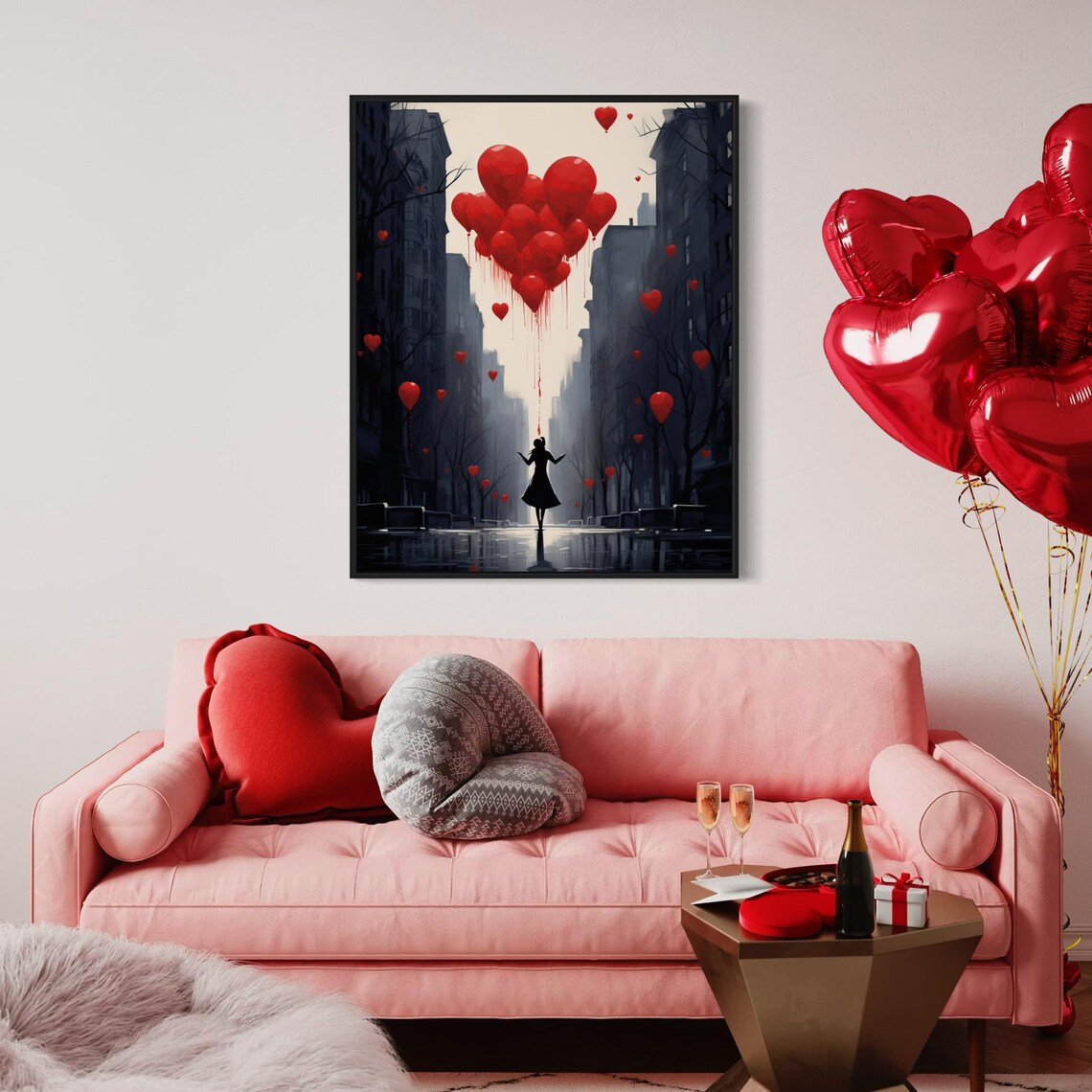 Silhouette Woman Red Heart Balloons Rainy City Street Poster - Image 6