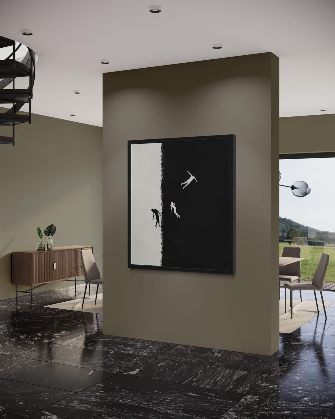 Falling Figures Black White Minimalist Surreal Modern Art Poster - Image 2