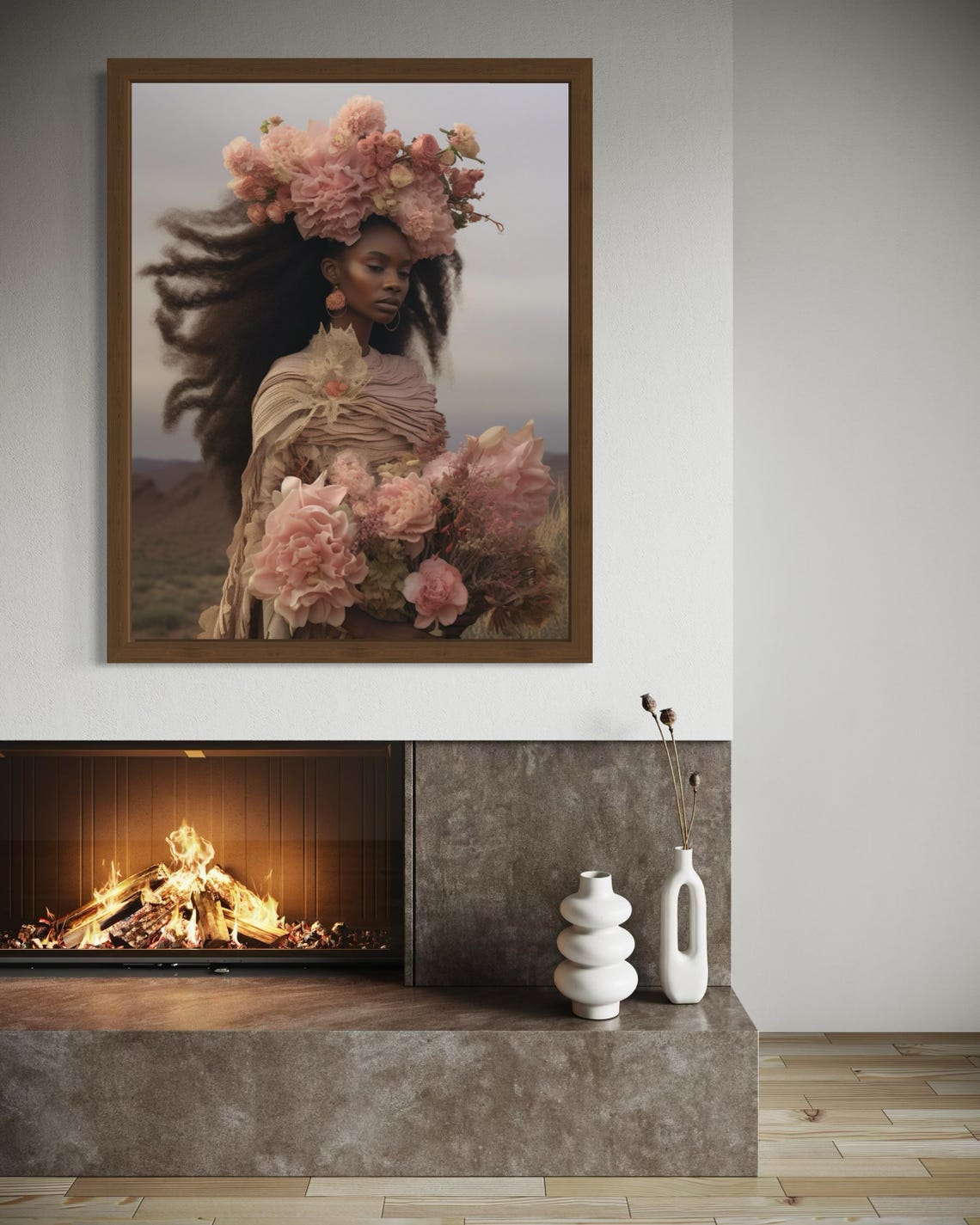 Black Woman With Pink Flower Crown Holding Bouquet Afro Art Print - Image 3