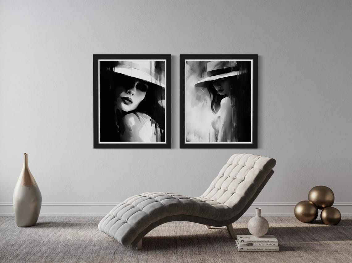 Two Piece Black And White Moody Woman Hat Portrait Wall Art Set - Image 2