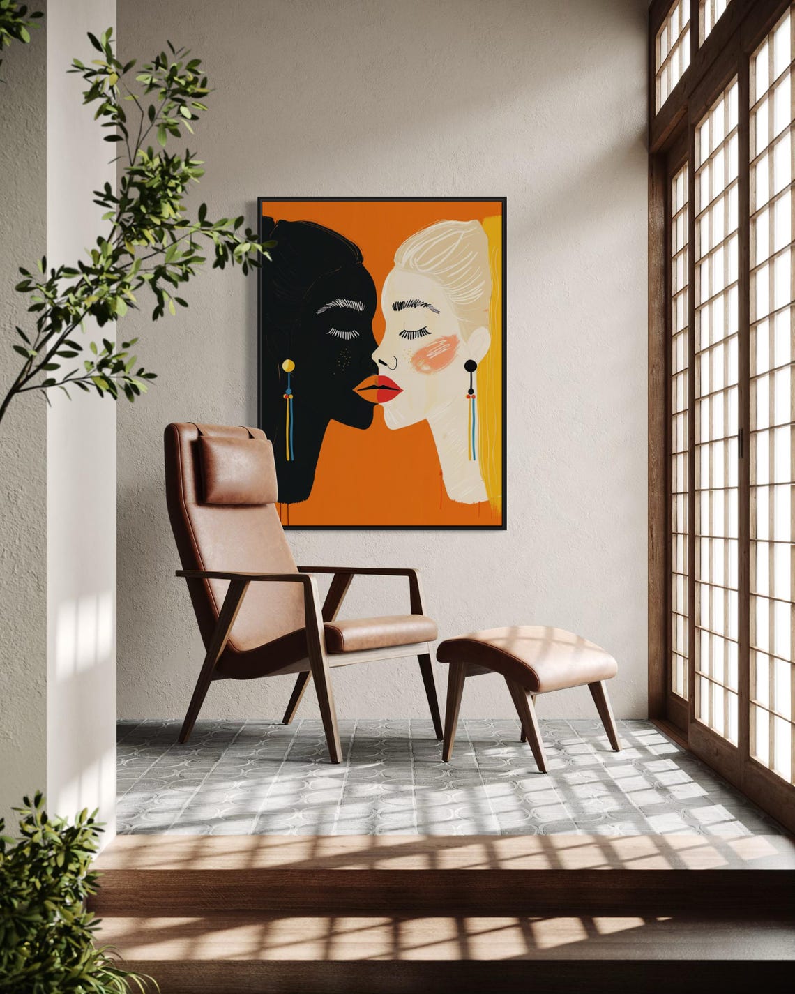 Two Women Faces Bold Modern Illustration Orange Background Wall Art - Image 4
