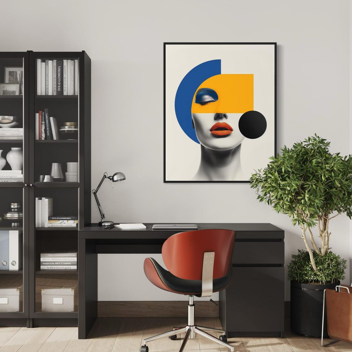 Abstract Grayscale Woman Face With Orange Lips and Blue Arc Art Poster - Image 5