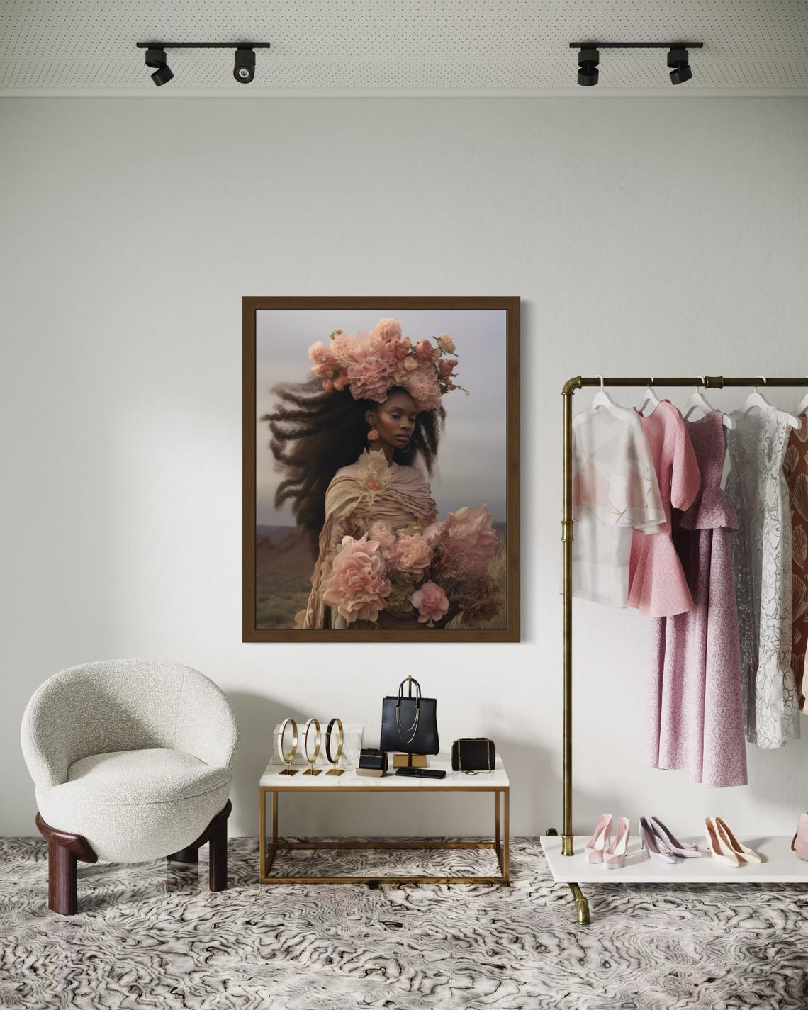 Black Woman With Pink Flower Crown Holding Bouquet Afro Art Print - Image 6