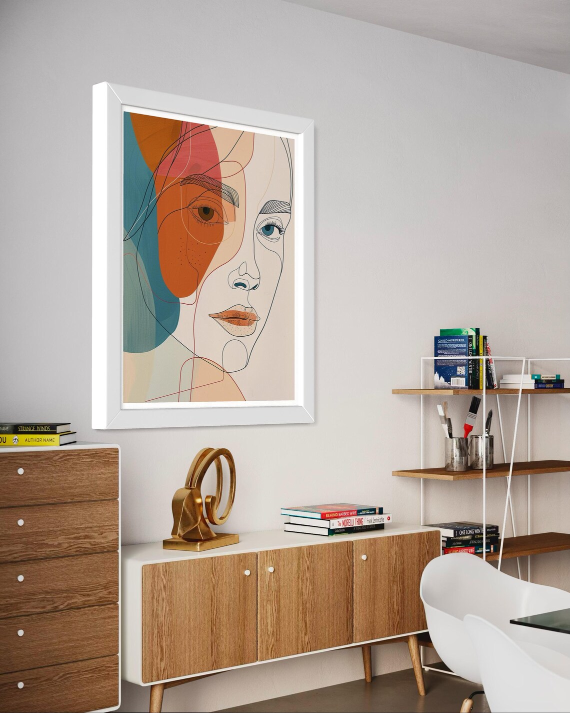 Line Art Woman Face Orange Teal Color Blocks Modern Portrait Poster - Image 2