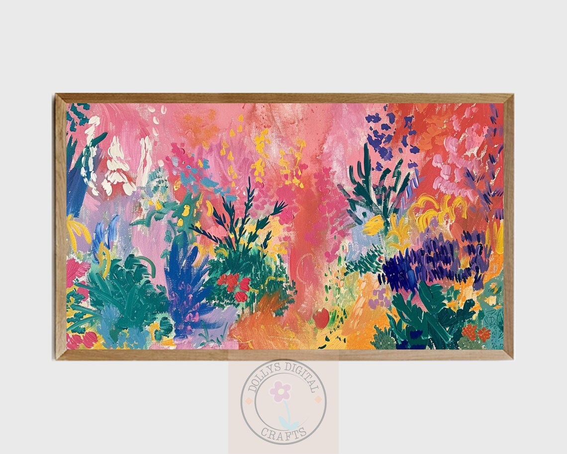 Pink Abstract Floral Garden Painting Colorful Botanical Wall Art