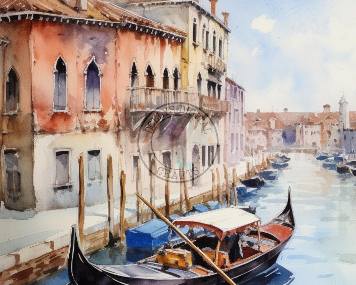 Gondola on Venice Canal Watercolor Painting Italy Travel Wall Art - Image 5