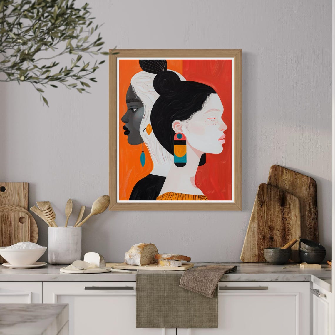 Two Women Profiles Facing Away With Color Earrings Pop Art Poster - Image 4