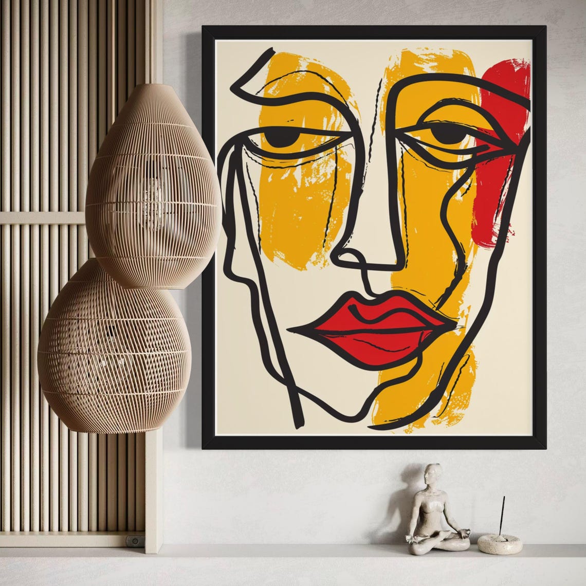 Abstract Face Bold Line Drawing Ochre Red Lips Modern Art Poster - Image 7