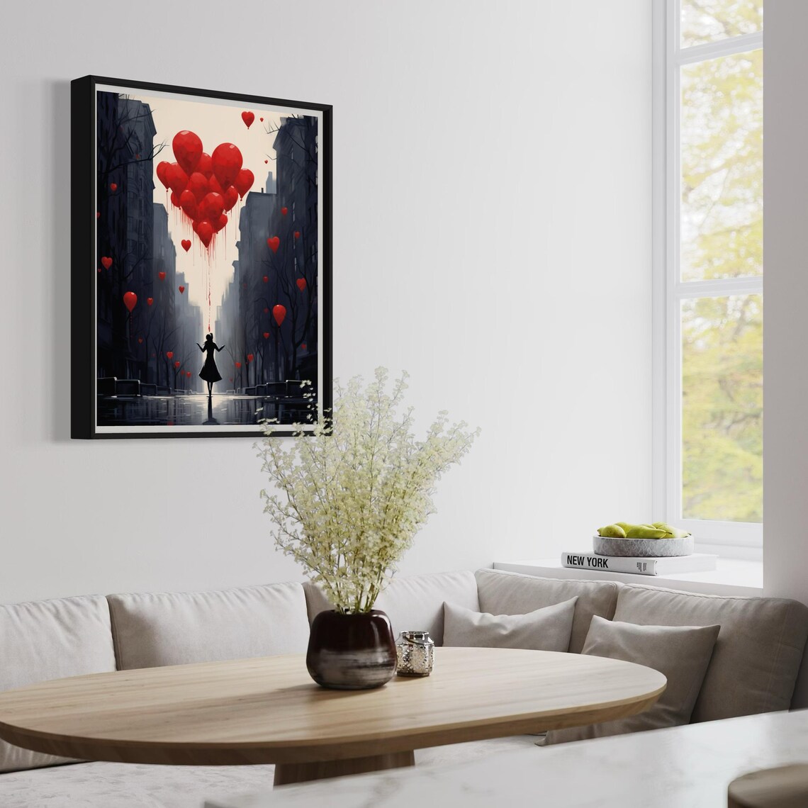 Silhouette Woman Red Heart Balloons Rainy City Street Poster - Image 3