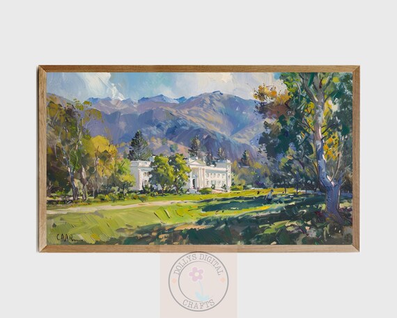 Oil Painting Of Large White Mansion Frame Tv Art Elegant Mountain Landscape Scene Art
