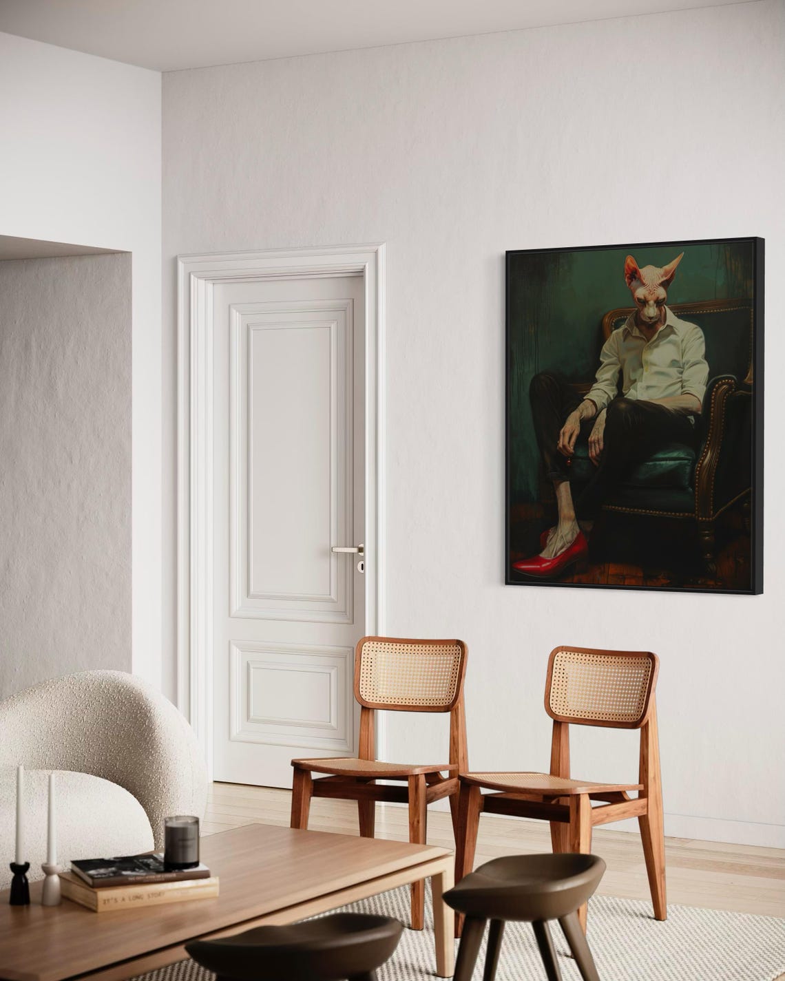 Surreal Anthropomorphic Sphynx Cat Portrait Red Heels Chair Wall Art - Image 2