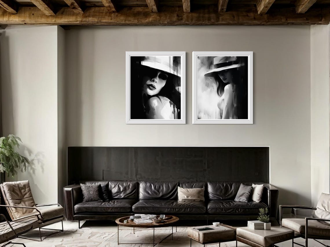Two Piece Black And White Moody Woman Hat Portrait Wall Art Set - Image 4