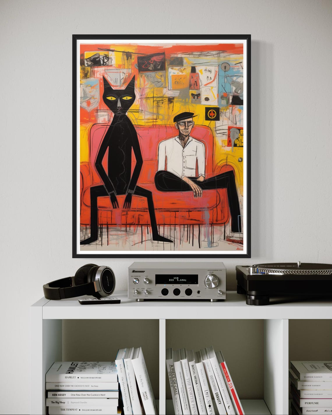 Man And Black Cat On Red Sofa Graffiti Abstract Urban Art Poster - Image 5