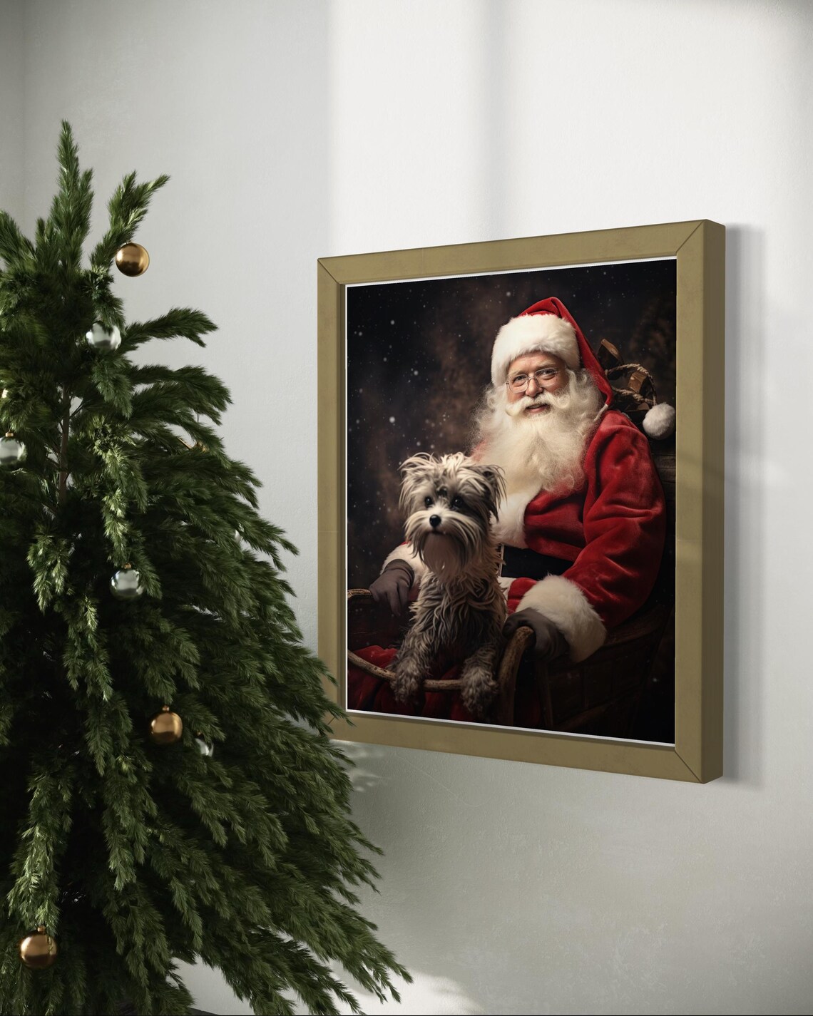 Santa Claus With Dog Sleigh Snowy Night Holiday Christmas Poster - Image 2