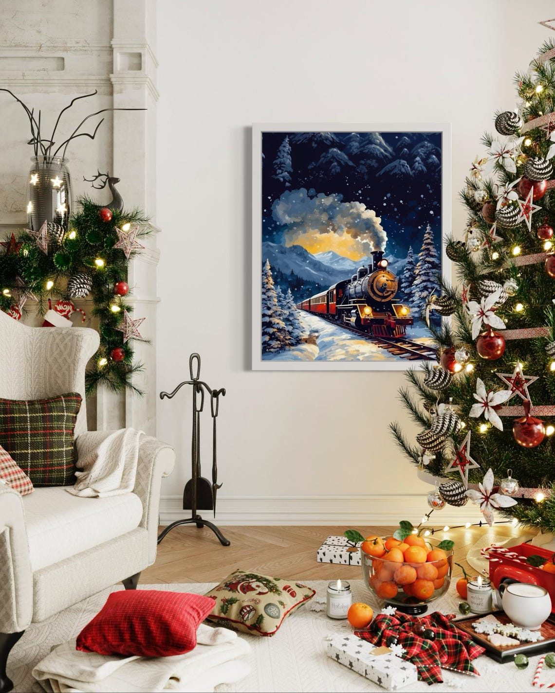 Vintage Christmas Train Snowy Mountain Night Winter Scene Poster - Image 5
