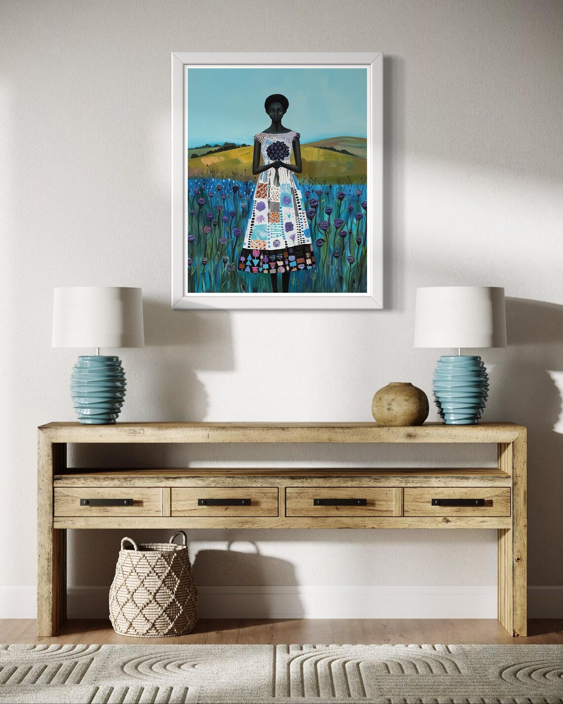 African Woman in Blue Flower Field Vibrant Nature Portrait Poster - Image 7