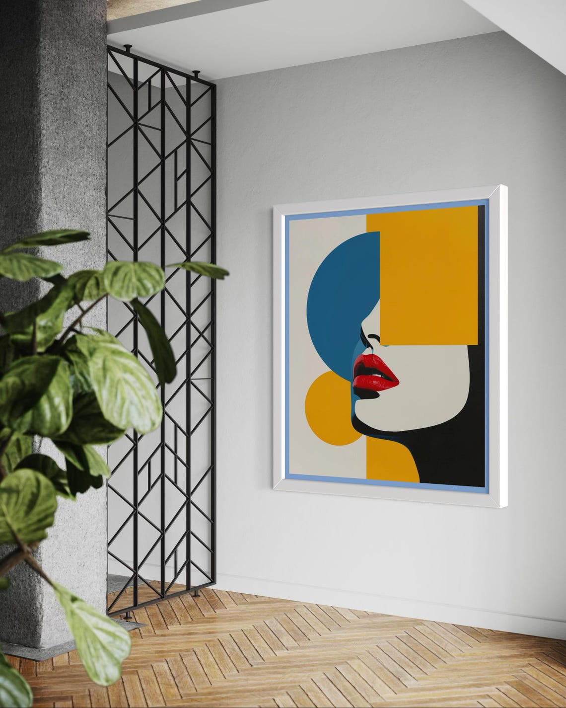 Geometric Woman Profile Portrait Teal Yellow Red Lips Wall Art - Image 2
