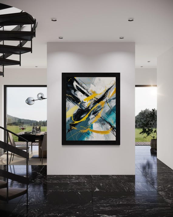 Modern Abstract Art Print Yellow Black And Teal Painting Contemporary Wall Art Minimalist Bold Home Decor