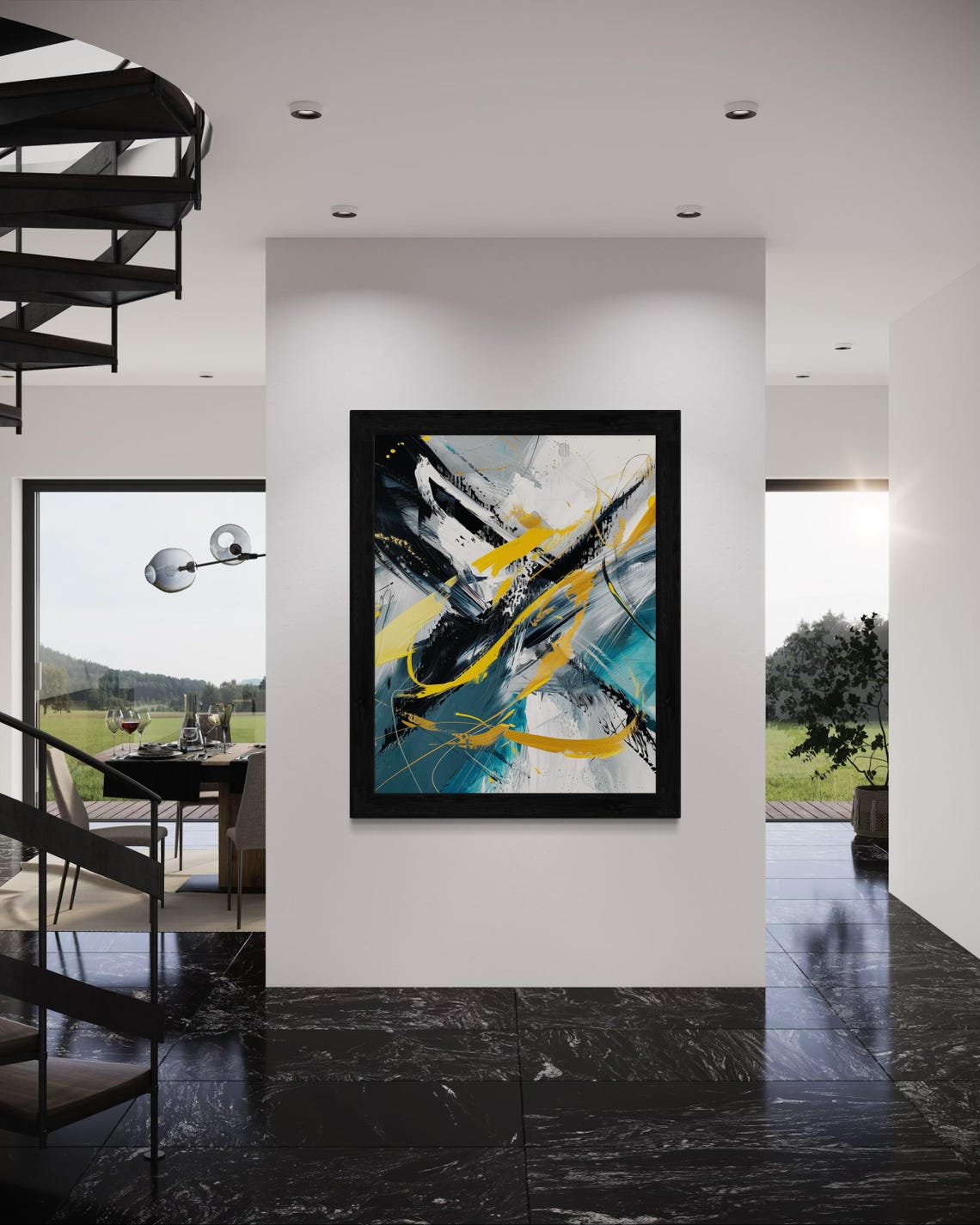 Modern Abstract Painting Yellow Black Teal Bold Brushstroke Poster