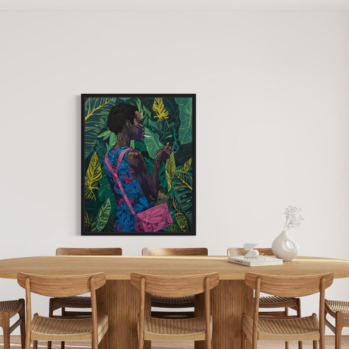 Black Woman in Blue Dress Smoking Cigarette Jungle Leaf Art Poster - Image 3