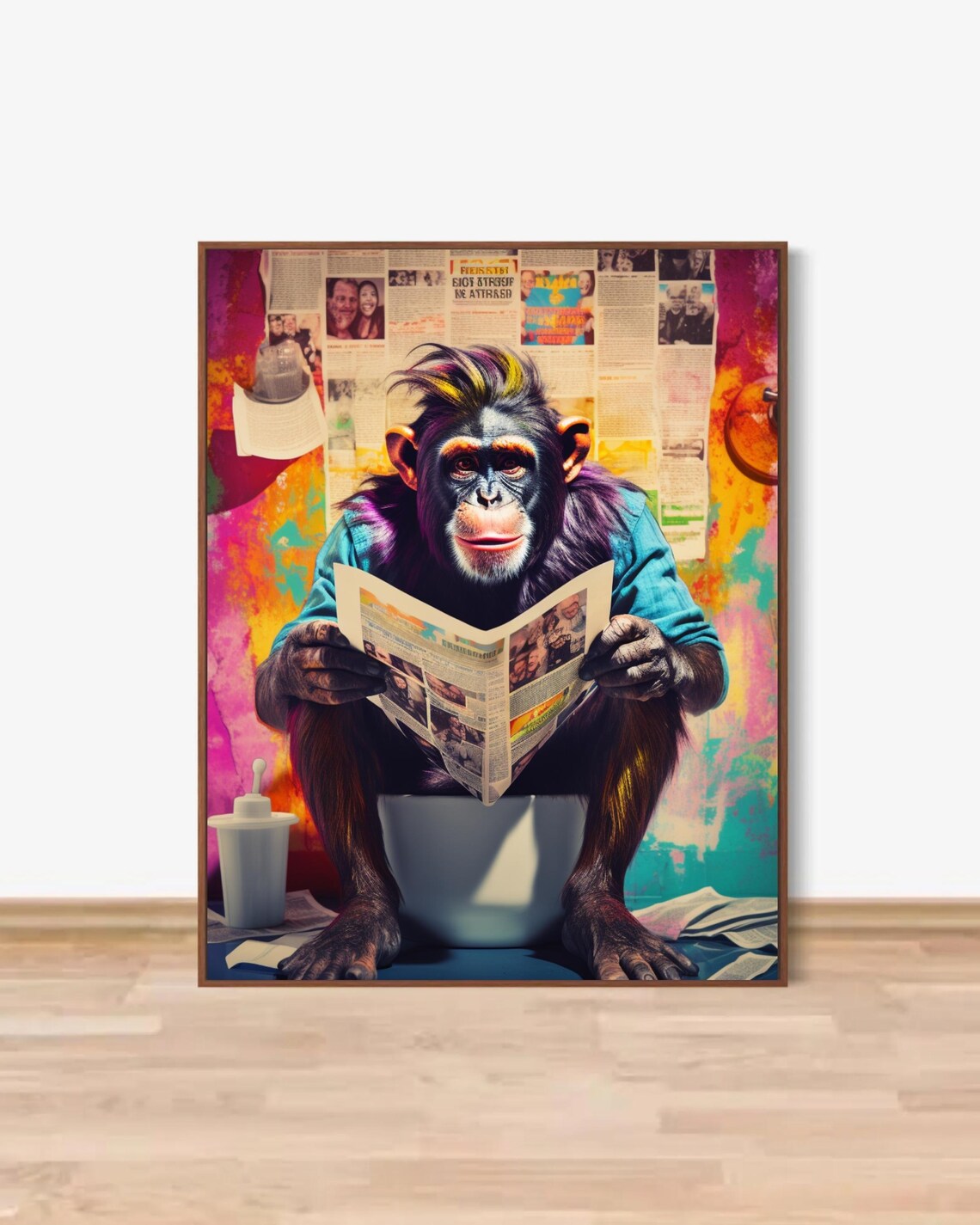 Funny Chimpanzee on Toilet Reading Newspaper Colorful Art Poster