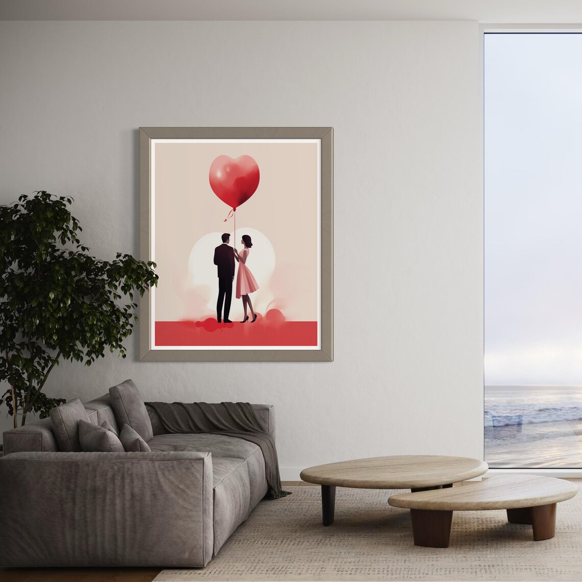 Minimalist Couple Red Heart Balloon Blush Love Scene Poster Home Decor - Image 2