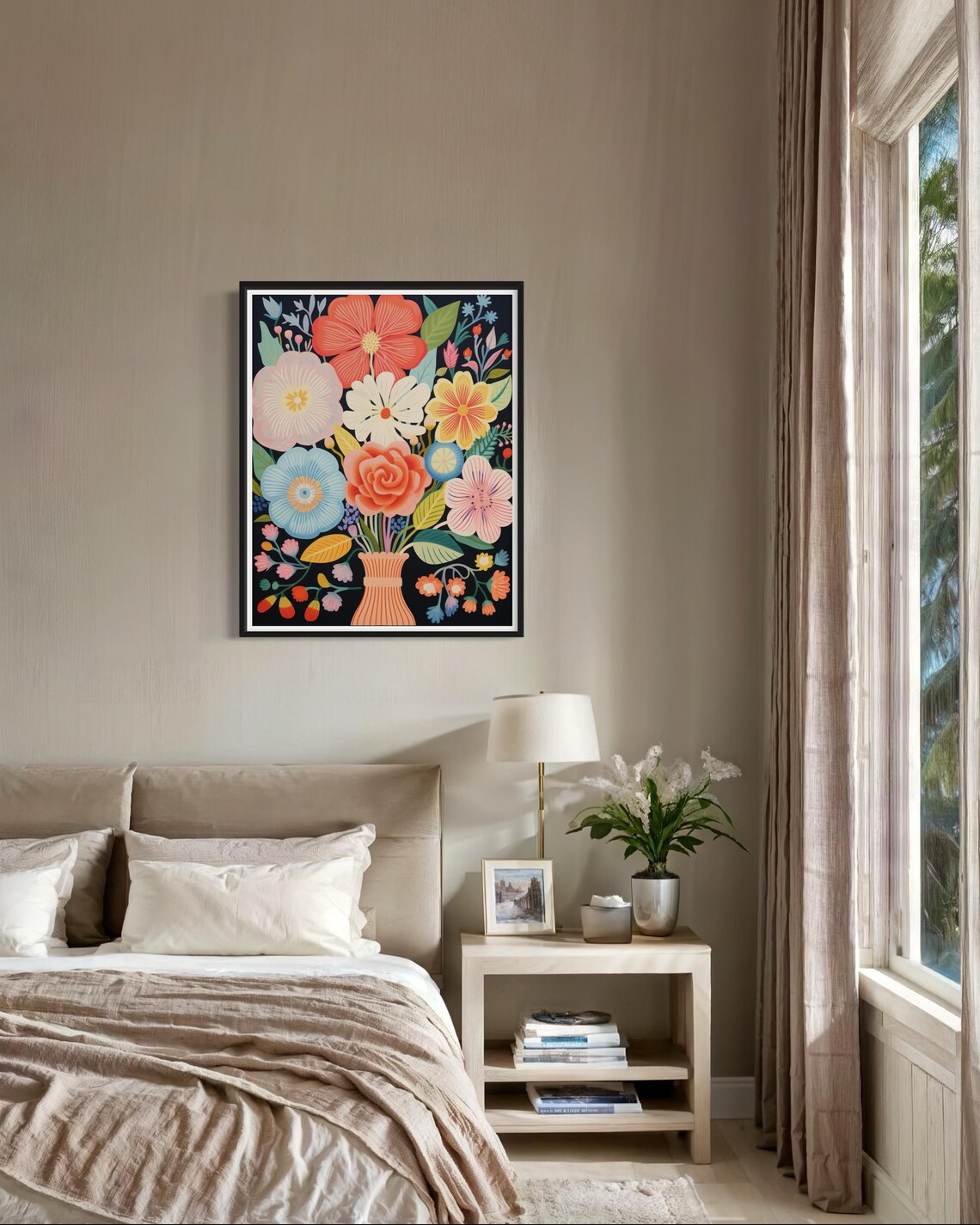 Coral And Blue Flower Bouquet In Vase On Black Botanical Poster - Image 4