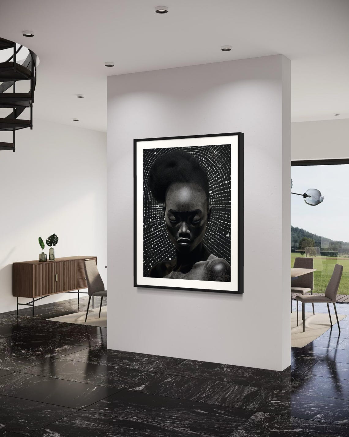 Black and White Woman Portrait Dotted Starburst Dramatic Wall Art - Image 3
