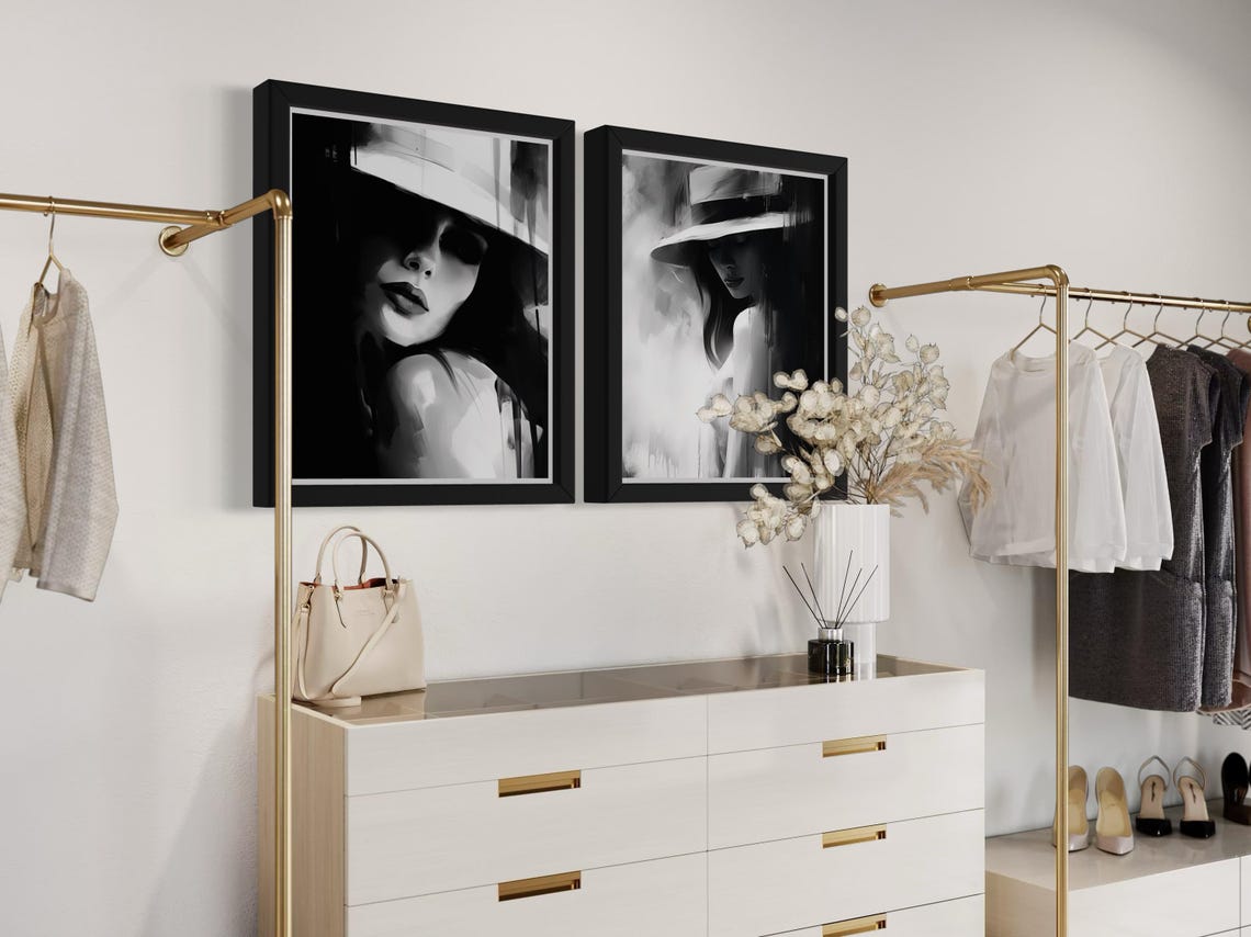 Two Piece Black And White Moody Woman Hat Portrait Wall Art Set - Image 7