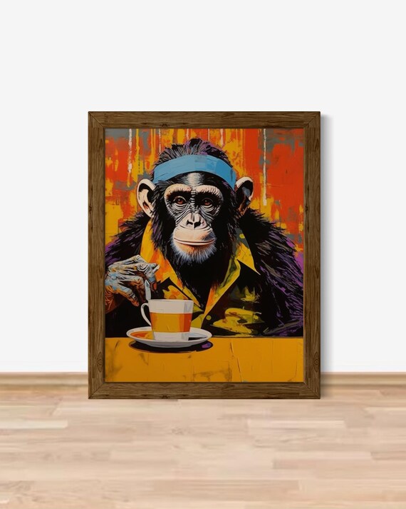 Chimpanzee Wearing Headband Drinking Tea Pop Art Animal Poster