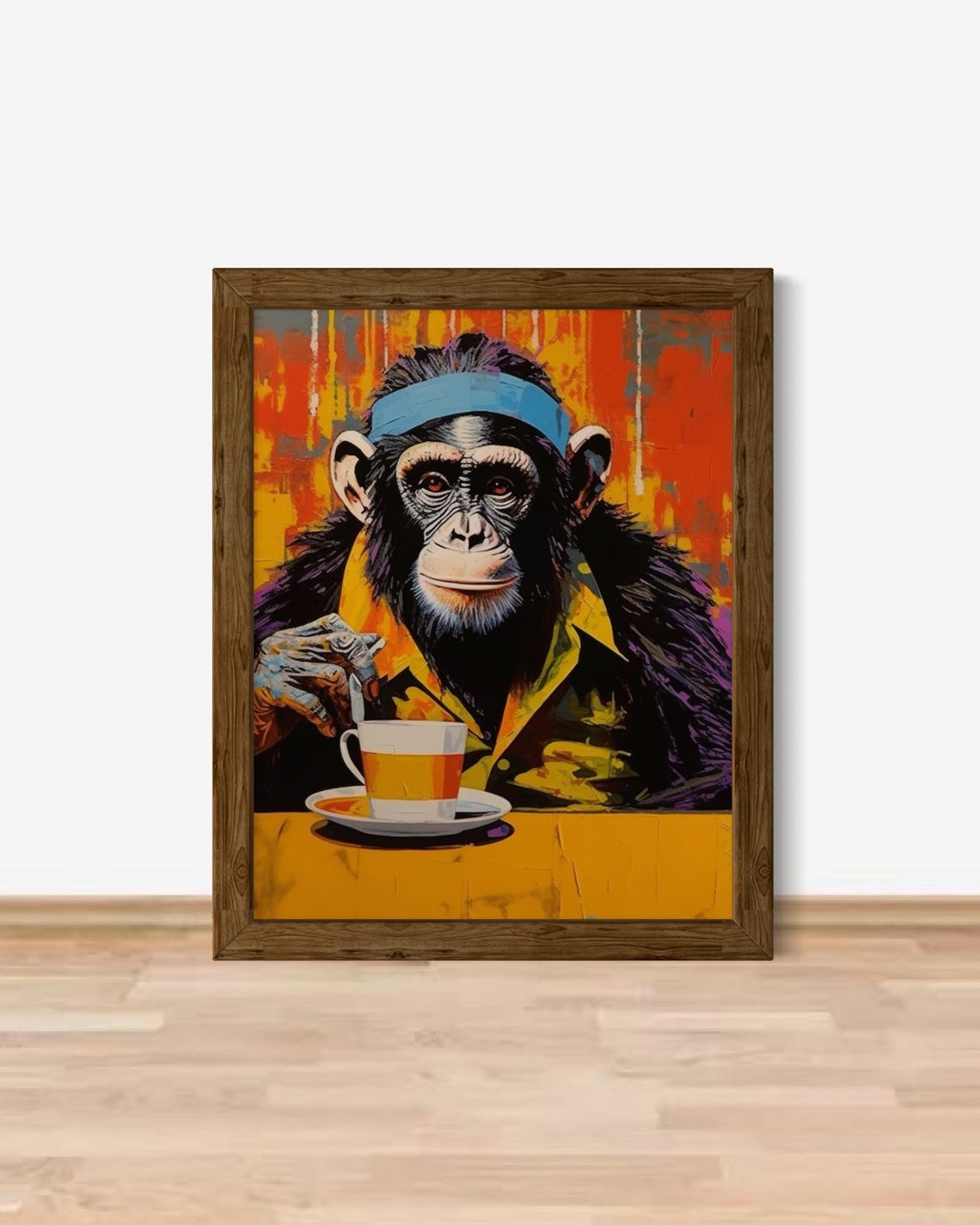 Chimpanzee Wearing Headband Drinking Tea Pop Art Animal Poster
