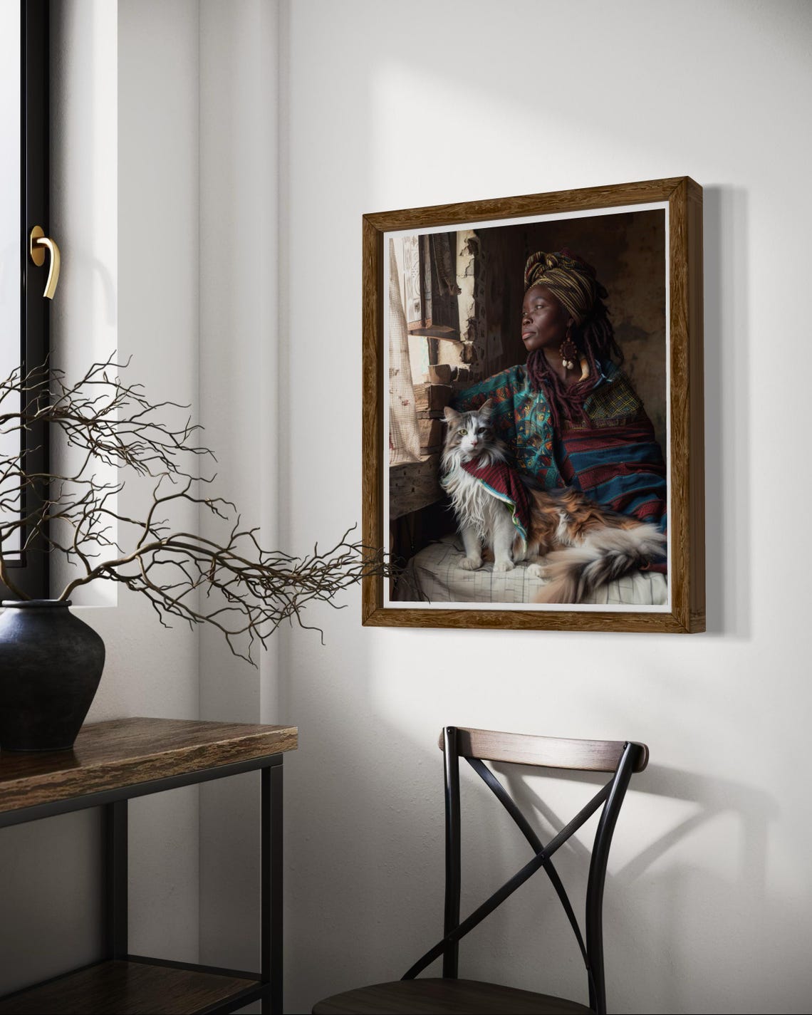 African Woman In Bohemian Shawl With Long Haired Cat Art Poster - Image 7