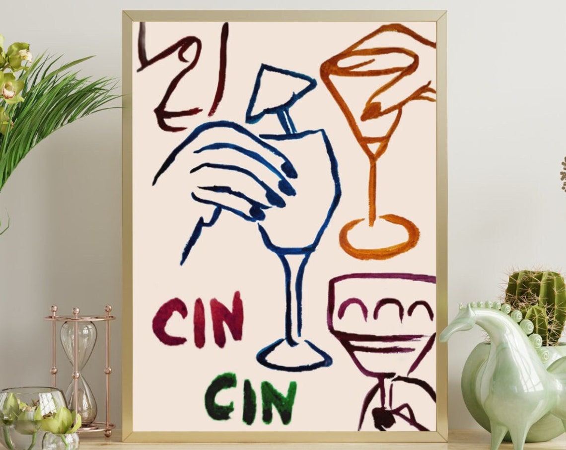Cin Cin Cheers Abstract Fun Cocktail Hands Trendy Doodle Poster